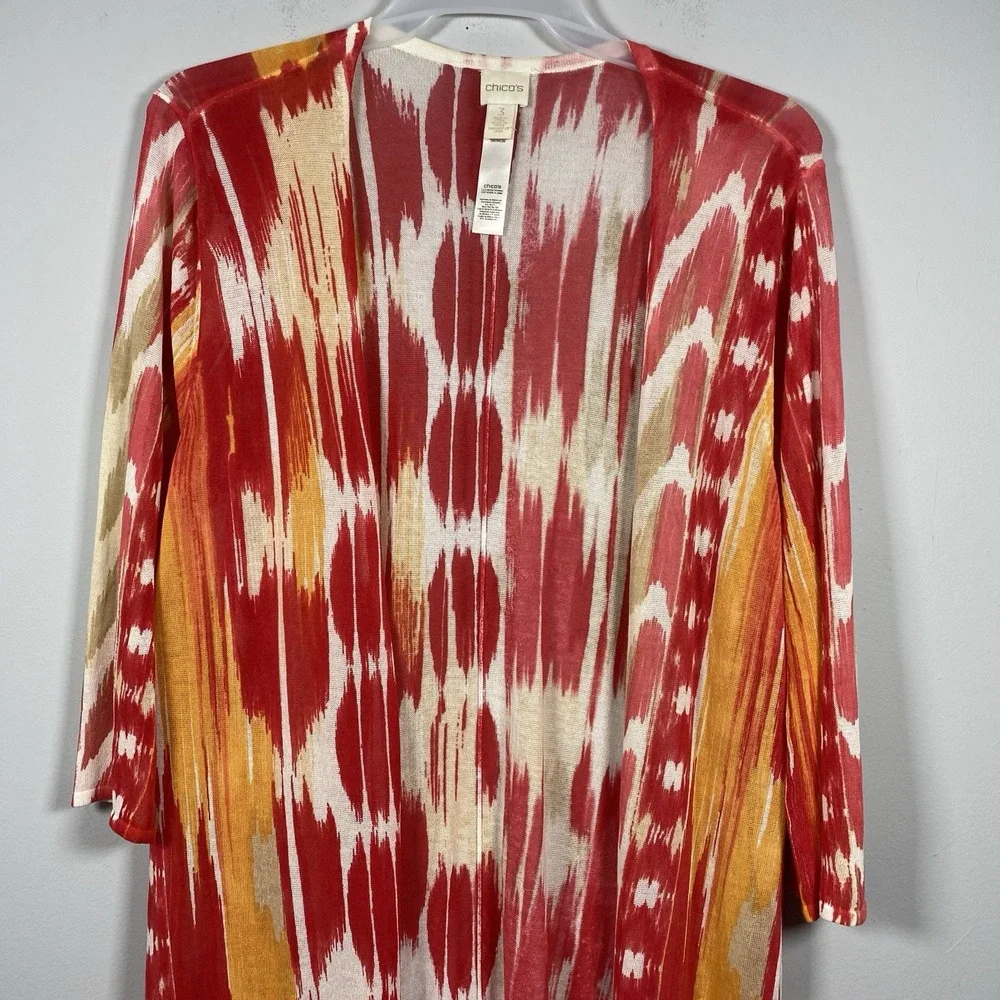 Chico's Cardigan Women's 3 XL Red Orange Side Slits Open Front 3/4‎ Sleeve Artsy